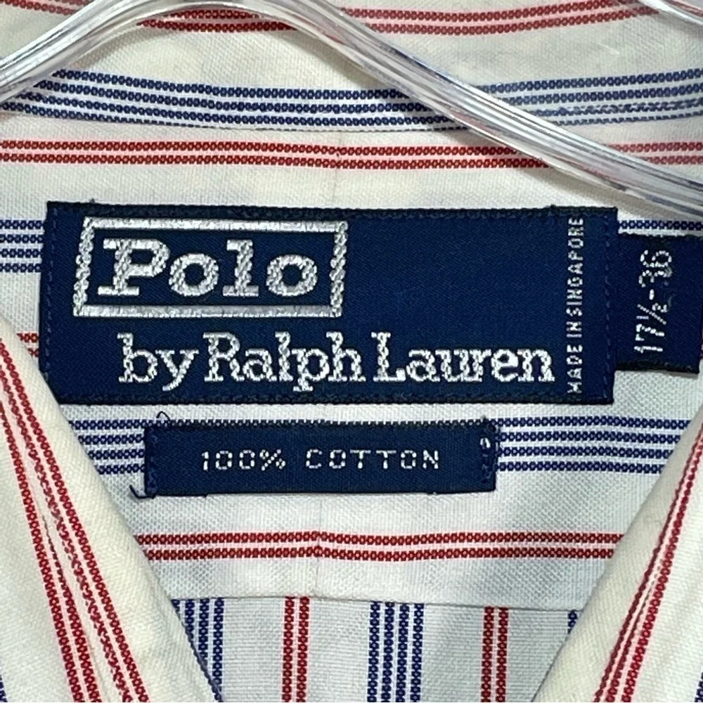 Vintage Polo Ralph Lauren Shirt Mens 17.5-36 Red Blue Striped 100% Cotton Button
